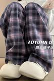 慵懒休闲格纹阔腿裤女秋季高腰宽松遮肉显瘦直筒垂感遛弯拖地长裤，女装休闲裤，搜酷衣阁