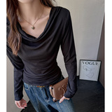 W白色设计感长袖t恤女新款百搭显瘦堆堆领内搭外穿打底衫上衣，女装T恤，搜酷衣阁