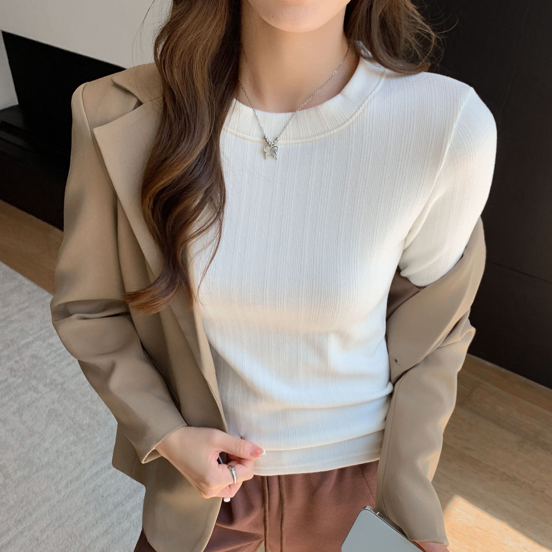 K2001莱赛尔绵羊毛螺纹圆领针织打底衫女秋冬内搭修身长袖T恤上衣，保暖内衣，搜酷衣阁