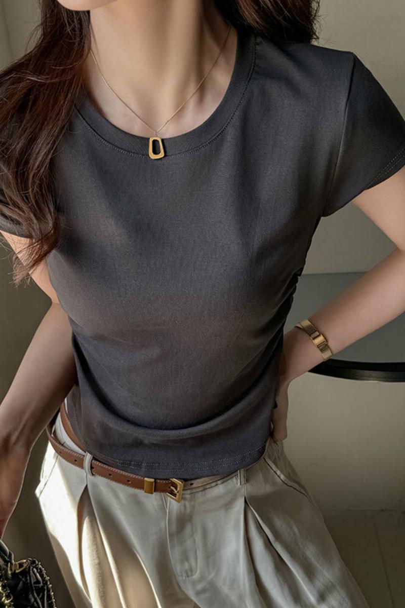 美式短款正肩短袖t恤女夏季新款纯色抽褶显瘦辣妹百搭上衣打底衫，女装T恤，搜酷衣阁