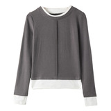 W美式假两件长袖t恤女新款修身显瘦撞色设计感小众内搭圆领上衣，保暖内衣，搜酷衣阁