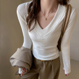 韩系v领德绒打底衫女秋冬季正肩修身显瘦设计感拼接纯色内搭上衣，保暖内衣，搜酷衣阁