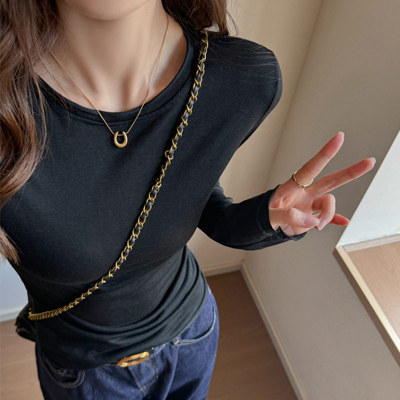 美式小圆领65棉长袖正肩t恤女内搭早秋可外穿打底衫修身显瘦上衣，女装T恤，搜酷衣阁