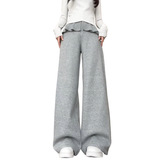 浅灰色假两件屁帘裤女秋冬季新款百褶花边高腰垂感直筒加绒阔腿裤，女装休闲裤，搜酷衣阁
