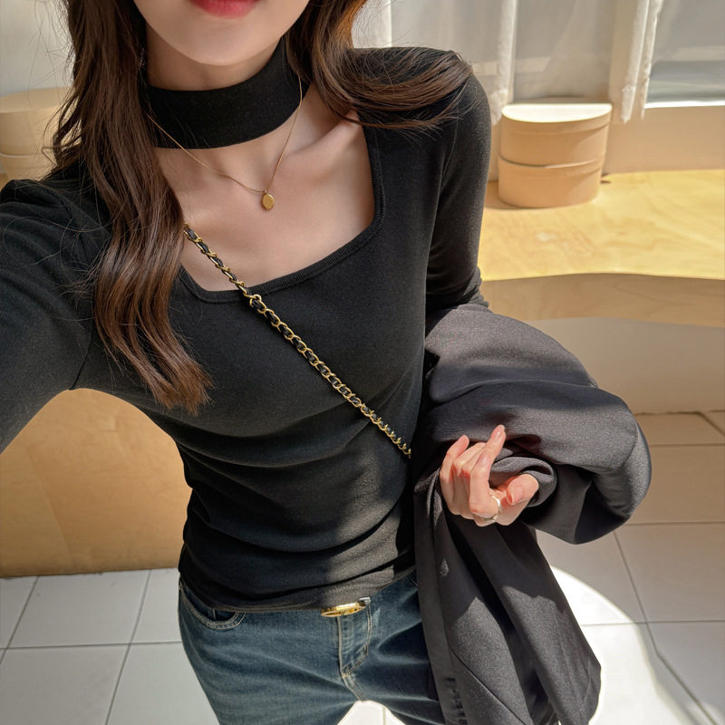 季仿羊绒中领镂空长袖正肩t恤女内搭打底衫中领时尚洋气上衣，女装T恤，搜酷衣阁