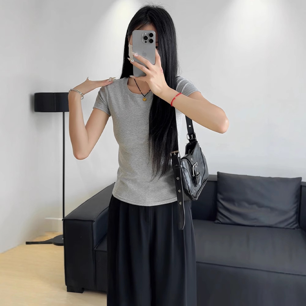 简约正肩圆领短袖T恤女夏季2025新款基础内搭打底衫百搭显瘦上衣，女装T恤，搜酷衣阁