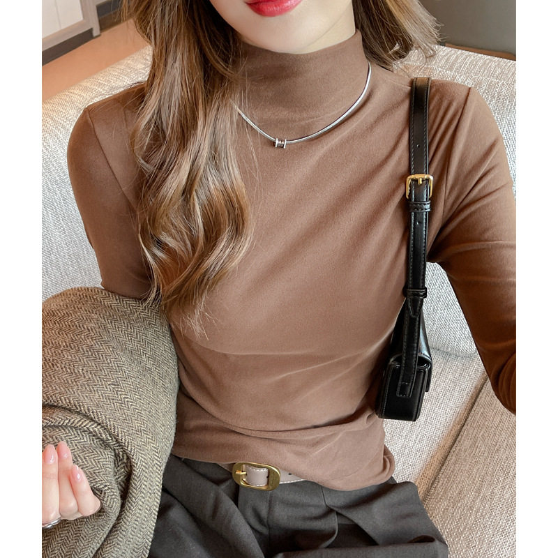半高领德绒秋冬加绒磨毛长袖打底衫女士内搭t恤中领修身显瘦上衣，保暖内衣，搜酷衣阁