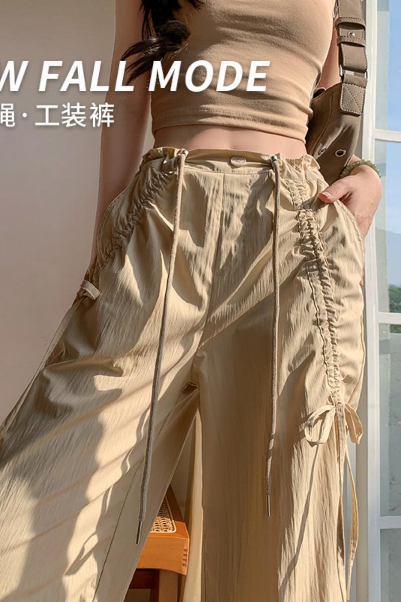 蝴蝶结工装裤女装春秋2025新款高腰垂感抽绳阔腿裤速干美式运动裤，女装休闲裤，搜酷衣阁