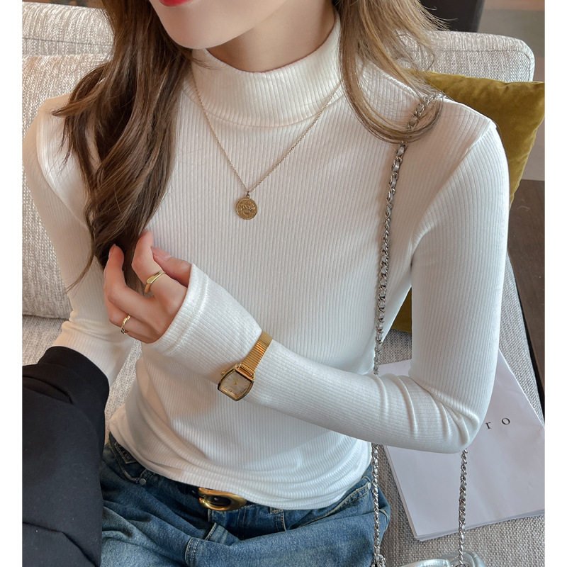 中领德绒螺纹长袖打底衫女内搭加绒可外穿半高领正肩t恤上衣，女装T恤，搜酷衣阁