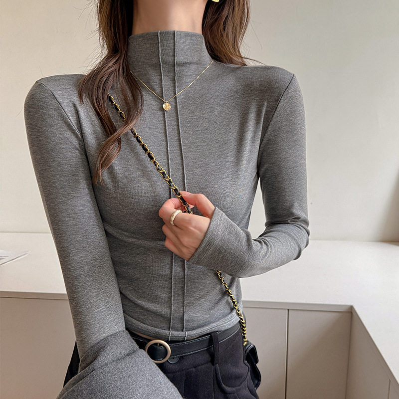 W半高领天丝莱赛尔打底衫女秋冬设计感小众韩系灰色内搭长袖上衣，保暖内衣，搜酷衣阁