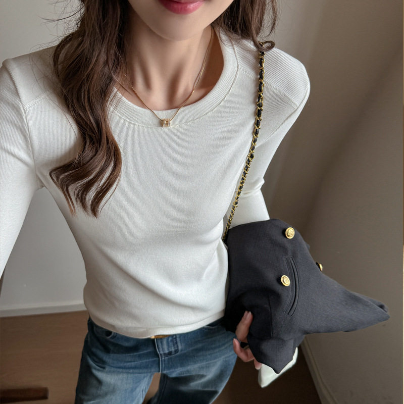 小圆领仿羊绒拼接设计感长袖t恤女内搭打底衫德绒可外穿上衣，女装T恤，搜酷衣阁
