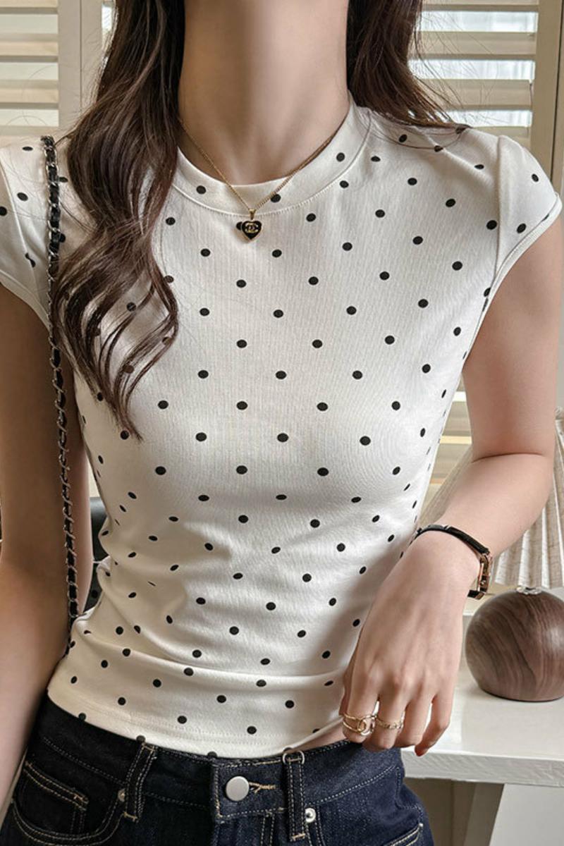 工厂美式辣妹短袖T恤女2025春夏新款波点正肩内搭圆领打底上衣ins，女装T恤，搜酷衣阁