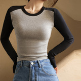 小圆领撞色拼接长袖t恤女美式内搭显瘦打底衫外穿高级感上衣，女装T恤，搜酷衣阁