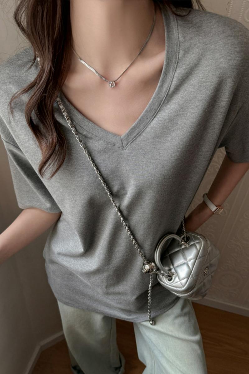 V领大版型宽松BM慵懒风百搭落肩短袖t恤女式显瘦T夏季辣妹上衣潮，女装T恤，搜酷衣阁