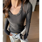 W美式大圆领长袖t恤女2026新款设计感小众德绒螺纹铆钉打底衫上衣，保暖内衣，搜酷衣阁