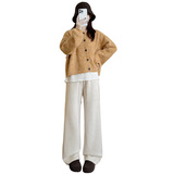 灰色加绒糯米裤女秋冬新款宽松显瘦直筒裤休闲慵懒高腰窄版阔腿裤，女装休闲裤，搜酷衣阁