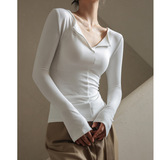 W设计感V领正肩上衣女秋冬季高级感小众修身显瘦内搭打底衫，保暖内衣，搜酷衣阁