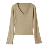 德绒螺纹磨毛长袖打底衫女秋冬内搭大V领正肩t恤可外穿显腰廋上衣，保暖内衣，搜酷衣阁