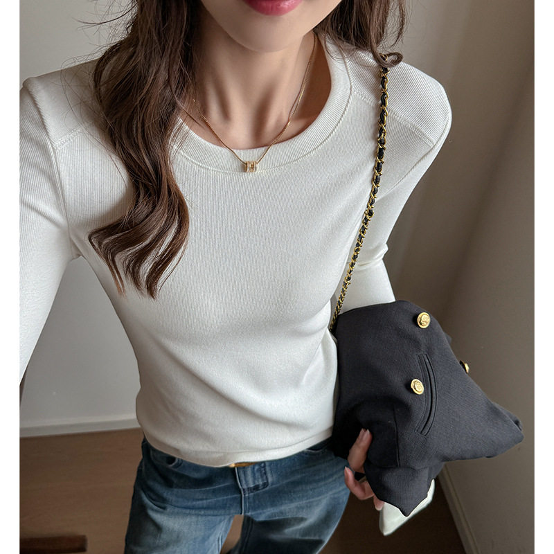 W圆领德绒打底衫女秋冬季百搭高级感保暖正肩纯色长袖上衣可外穿，保暖内衣，搜酷衣阁