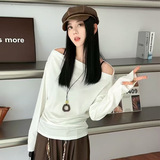 纯欲辣妹修身显瘦露肩长袖T恤女装秋季小众设计感百搭打底衫上衣，女装T恤，搜酷衣阁