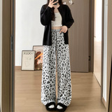 软糯豹纹阔腿裤女秋季新款高腰显瘦休闲拖地长裤慵懒垂感直筒裤子，女装休闲裤，搜酷衣阁