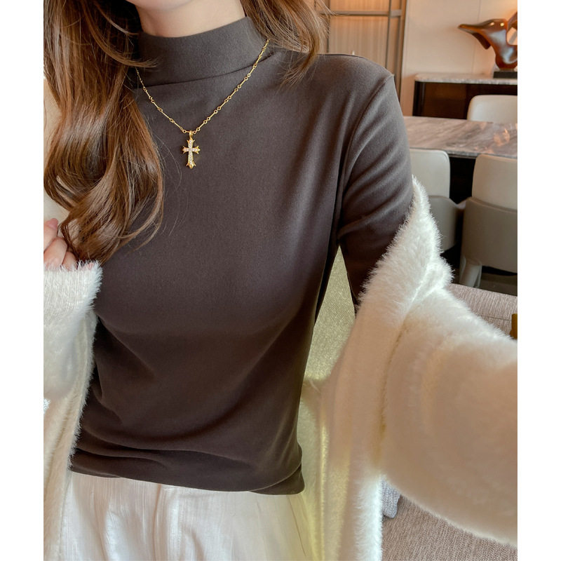 德绒半高领加绒磨毛长袖打底衫女内搭正肩t恤高级感显瘦上衣，女装T恤，搜酷衣阁