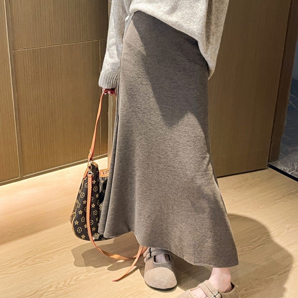 鱼尾裙女早秋新款针织高腰显瘦半身裙显瘦a字中长裙性感垂感裙子，女装半身裙，搜酷衣阁