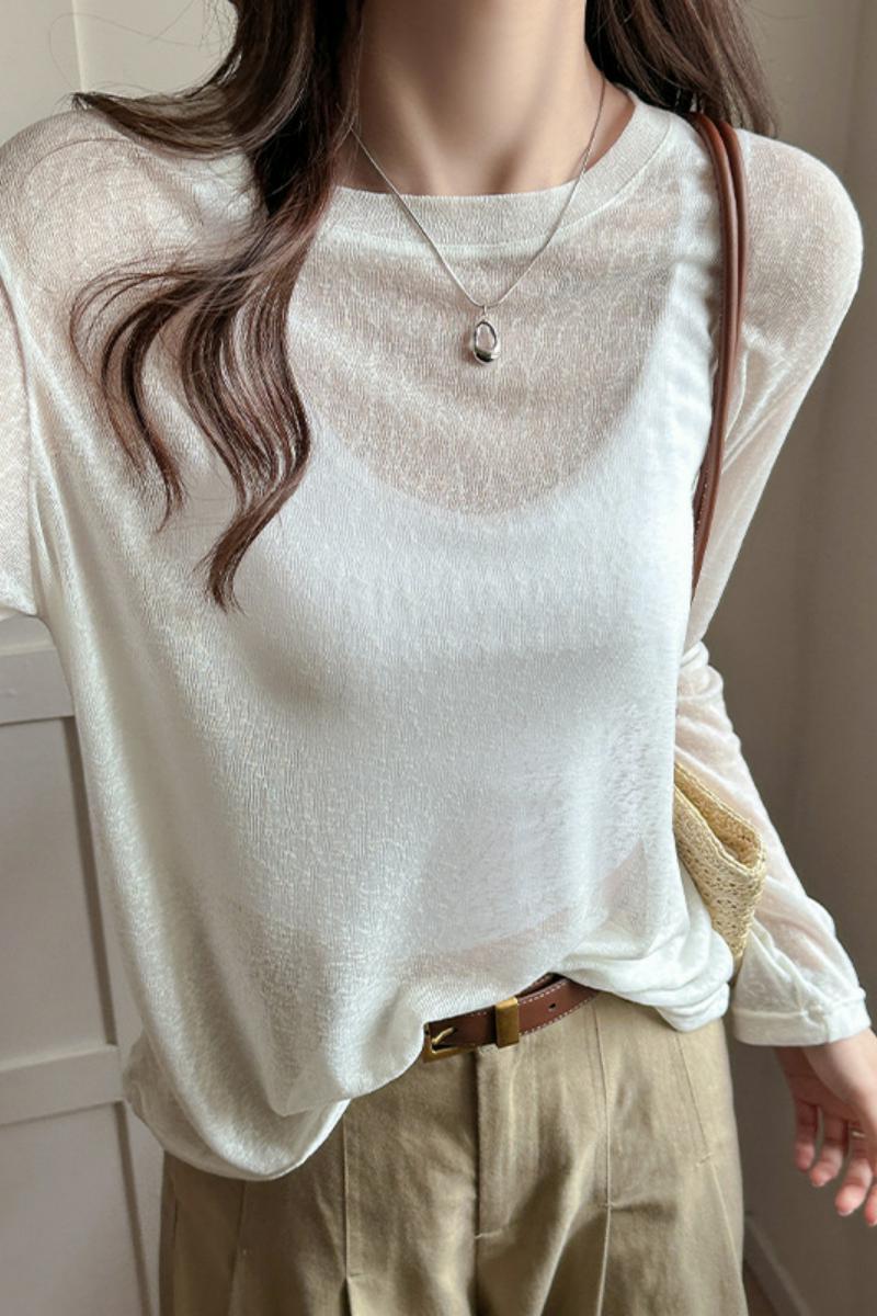 慵懒风防晒罩衫女夏季薄款纯欲高级感宽松打底衫微透性感上衣ins，女装T恤，搜酷衣阁