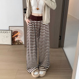 撞色条纹阔腿裤女春秋高腰垂感宽松休闲拖地长裤慵懒松弛感遛弯裤，女装休闲裤，搜酷衣阁