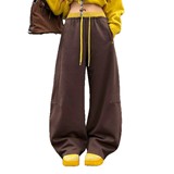 美式撞色拼接加绒弯刀裤女秋冬季2025新款高腰宽松显瘦休闲阔腿裤，女装休闲裤，搜酷衣阁