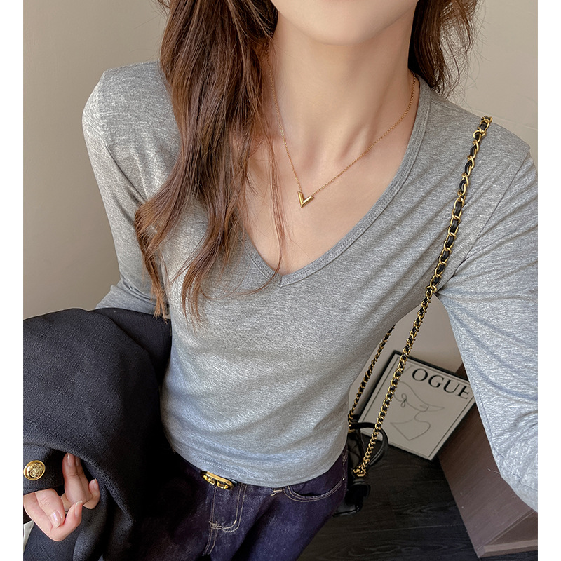 W韩版莱赛尔天丝女士打底衫秋冬v领螺纹灰色正肩内搭可外穿长袖，保暖内衣，搜酷衣阁