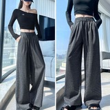 慵懒风毛呢格子阔腿裤女2025秋冬季垂感高腰显瘦休闲直筒拖地长裤，女装休闲裤，搜酷衣阁
