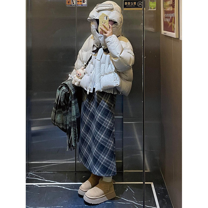 灰色毛呢格子半身裙女冬季加绒中长裙高腰a字显瘦直筒韩系包臀裙，女装半身裙，搜酷衣阁