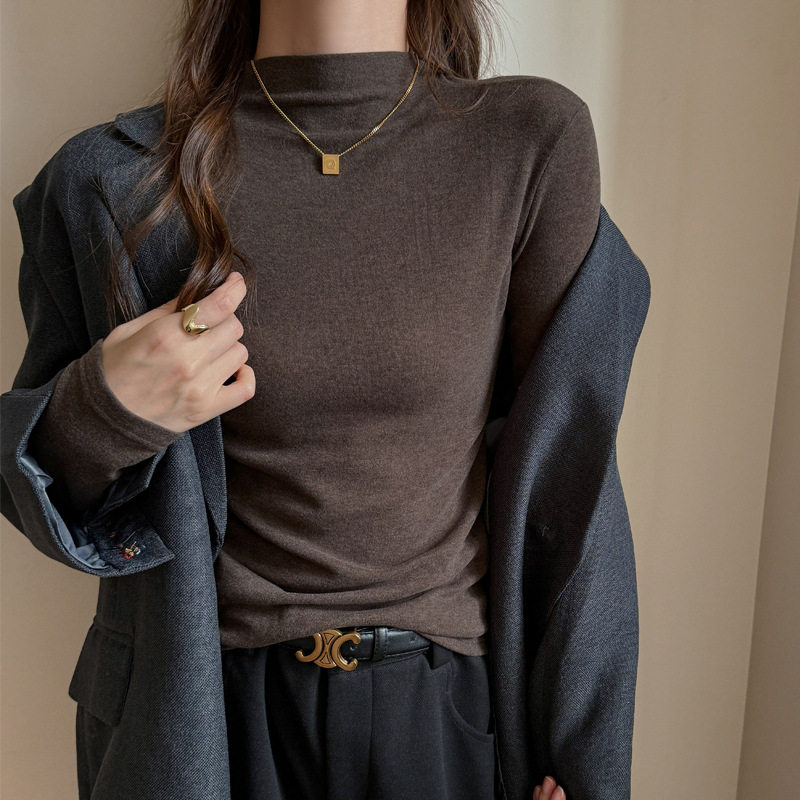 莱赛尔半高领中领磨毛长袖t恤女内搭打底衫纯色百搭上衣，女装T恤，搜酷衣阁