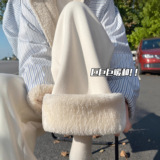白色羊羔绒糯米裤女秋冬季2026新款加绒高腰垂感山羊绒休闲阔腿裤，女装休闲裤，搜酷衣阁