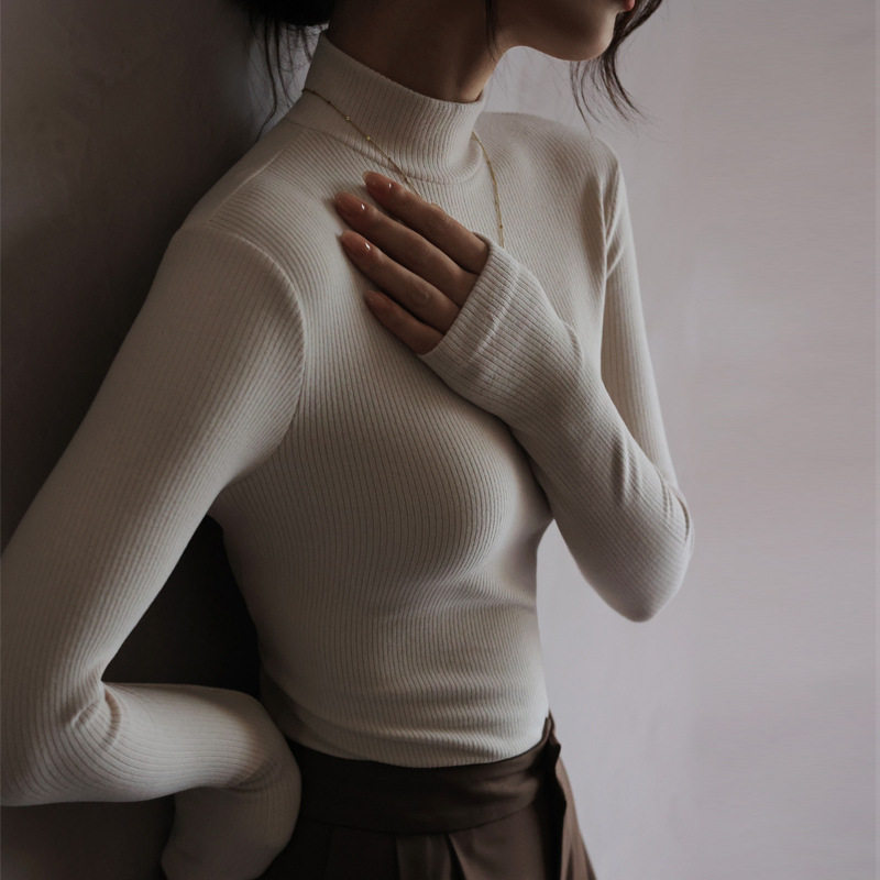 半高领德绒磨毛坑条显瘦长袖打底衫女内搭季修身t恤中领上衣，女装T恤，搜酷衣阁