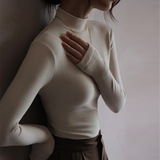 半高领德绒磨毛坑条显瘦长袖打底衫女内搭季修身t恤中领上衣，女装T恤，搜酷衣阁