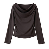 W白色设计感长袖t恤女新款百搭显瘦堆堆领内搭外穿打底衫上衣，女装T恤，搜酷衣阁