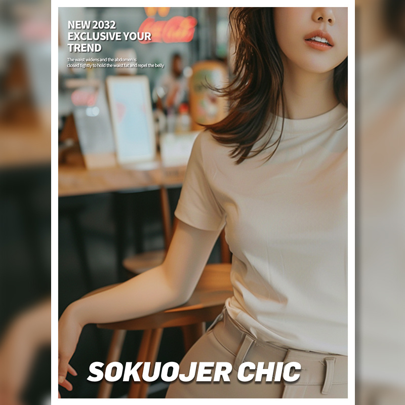 高品质美式T恤女夏季圆领正肩半袖纯棉弹力修身黑色短袖打底上衣，女装T恤，搜酷衣阁
