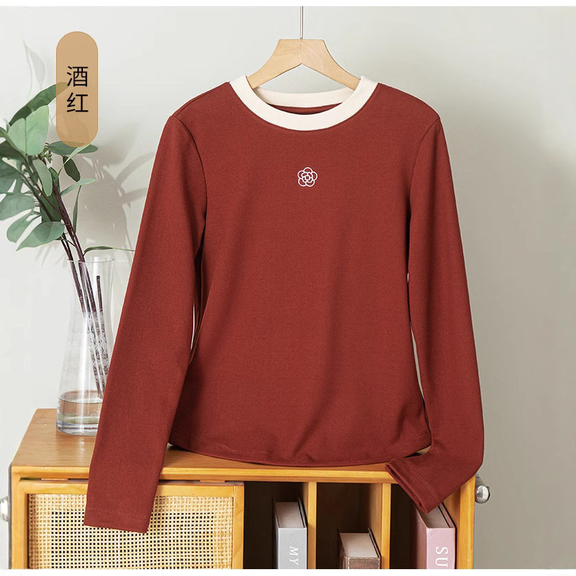 高级感刺绣长袖T恤上衣女2025新款秋冬季圆领纯色内搭修身打底衫，保暖内衣，搜酷衣阁