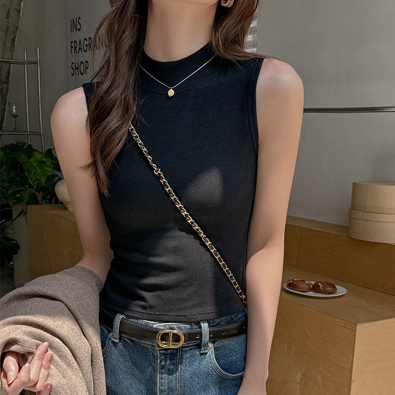 W黑色半高领吊带背心女秋冬内搭天丝莱赛尔高级感正肩显瘦打底衫，女装背心吊带，搜酷衣阁