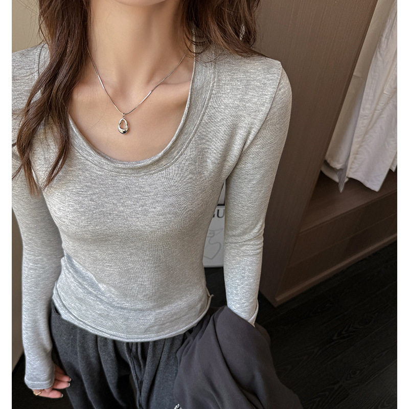 W大圆领打底衫女秋冬正肩内搭修身显瘦长袖t恤上衣可外穿，保暖内衣，搜酷衣阁