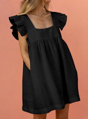 Square Neck Ruffled Floral Swing Dress Casual大摆休闲连衣裙