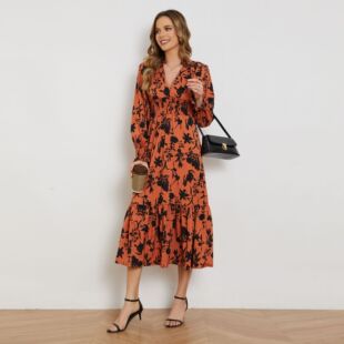 V领长袖木耳边连衣裙  V-neck long-sleeved sweetheart dress