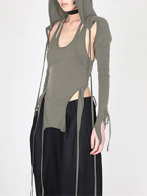 Solid color long sleeved hooded tie up T-shirt长袖帽绑带T恤