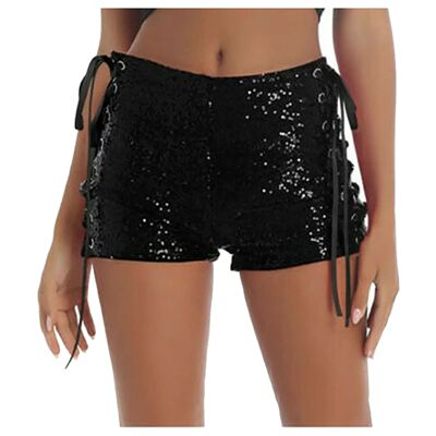 High waisted sexy strap hollow sequin shorts绑带镂空亮片短裤