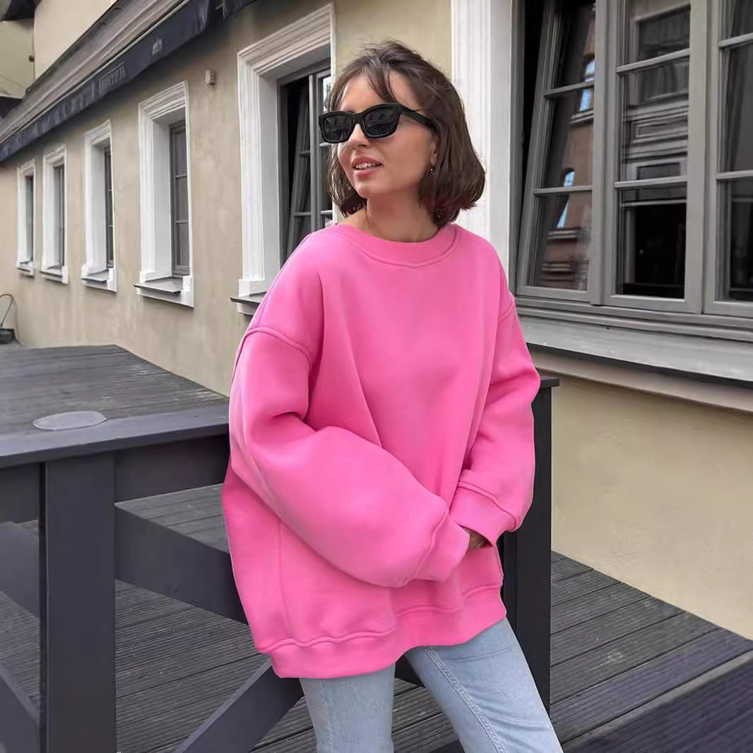 Round neck loose shoulder sweatshirt女士圆领宽松溜肩套头卫衣