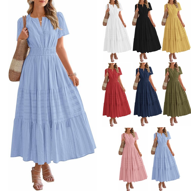 V-neck bubble sleeve large swing dress V领泡泡袖大摆连衣裙女