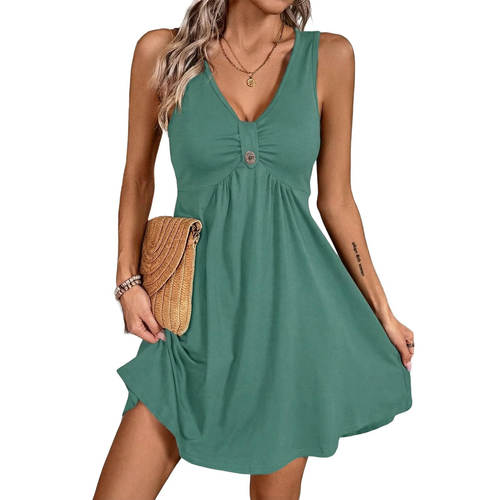 纯色纽扣短袖连衣裙 Solid color button short sleeved dress