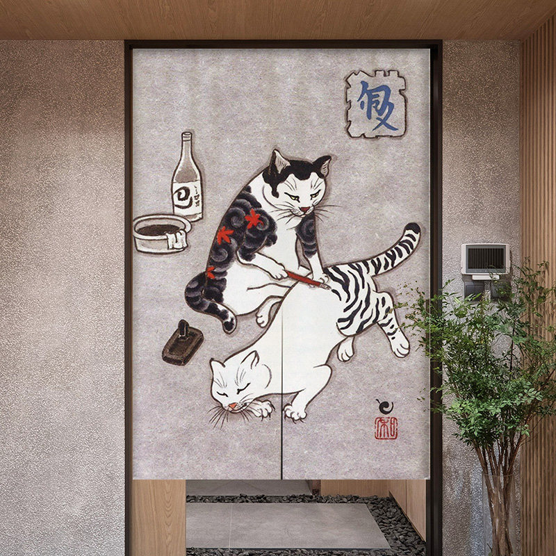 日式门帘布艺半帘日本和风棉麻布帘风水挂帘免打孔挂布纹身武士猫
